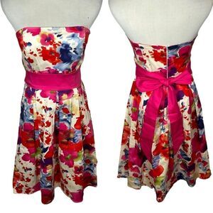 A.P.N.Y. Pink white floral strapless midi dress with cinch tie pleated flowers